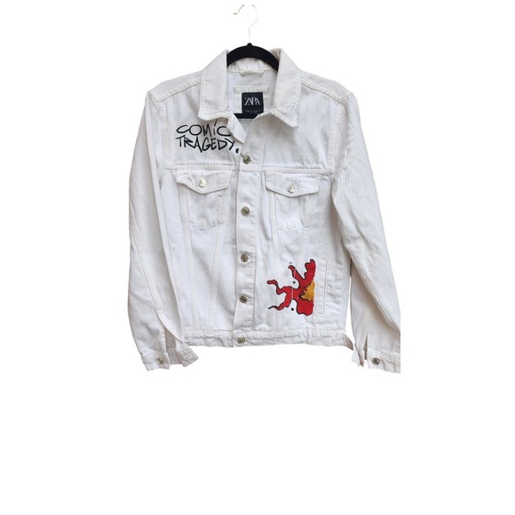 Men's NWT Zara White Denim Jacket Comic Tragedy Small - Picture 3 of 5
